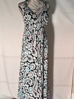 Allison Brittney Black & White Floral Halter Maxi with Teal Accents